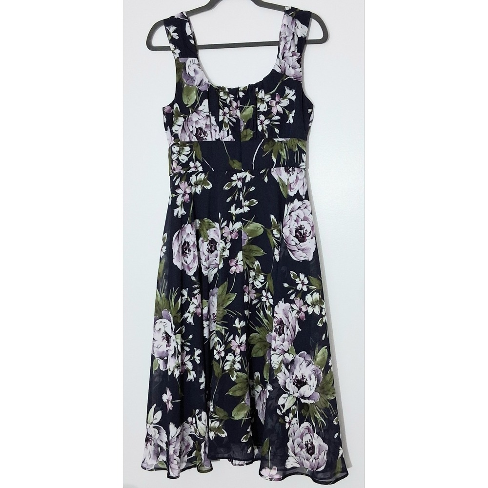 Connected Apparel Dress Size 6 Navy Purple Floral Sleeveless Lined Pre-owned - Picture 2 of 11